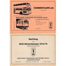 BVG Sommerfahrplan ab Mai 1974 Berliner Verkehrs - Betriebe + Nachtrag BVG-Winterfahrplan 1974/1975 ab November 1974 